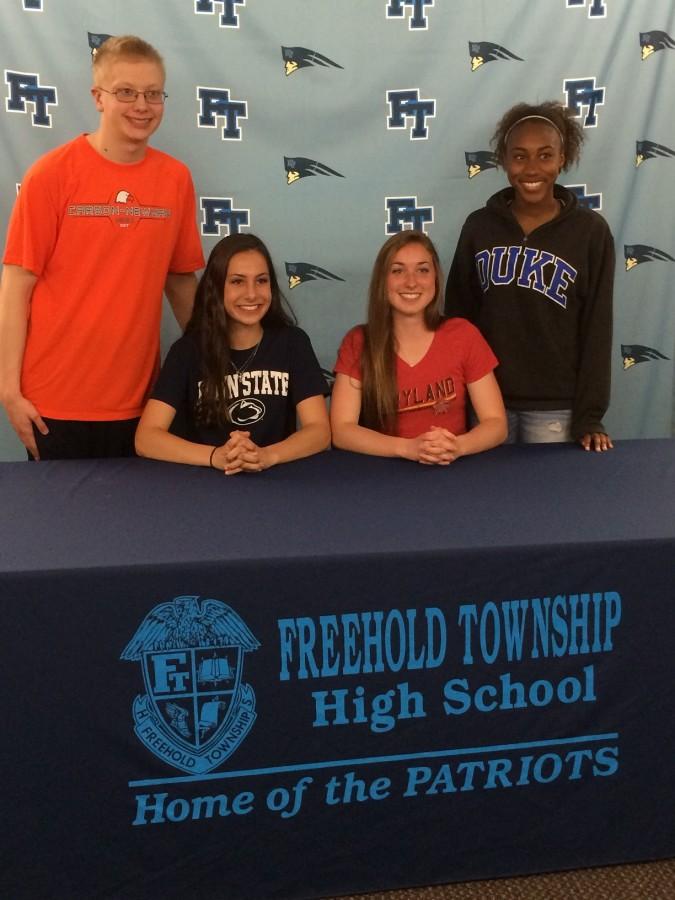 4/20/15 -- Four FTHS spring athletes signed letters of intent today!  (From left) Robert Griswold signed with Carson-Newman University; Caitlin Poss signed with Penn State; Emily Bracher signed with University of Maryland; and Dom Panton signed with Duke University