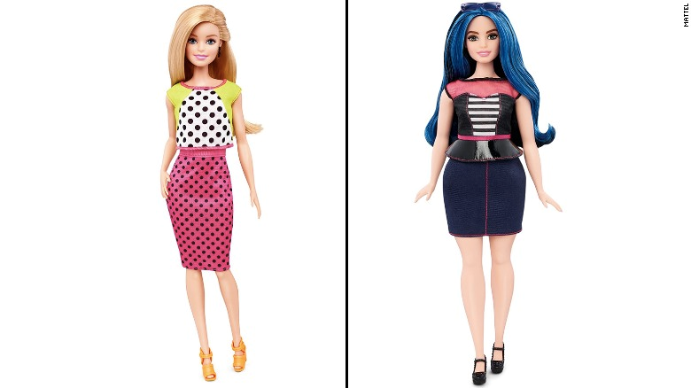 Original blonde doll vs. new, curvy body type and hair (image courtesy of CNN)