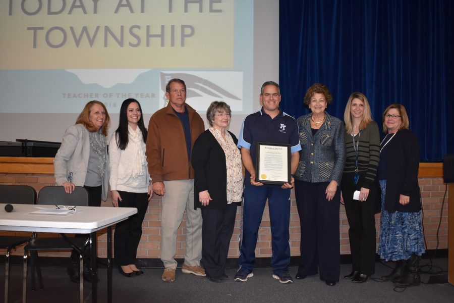 Mr. Gualtieri (center) with (from left) Ms. Bonnally, Ms. Galinski, his uncle and aunt, Councilwoman Barbara McMorrow, Ms. Williams, and Principal Higley