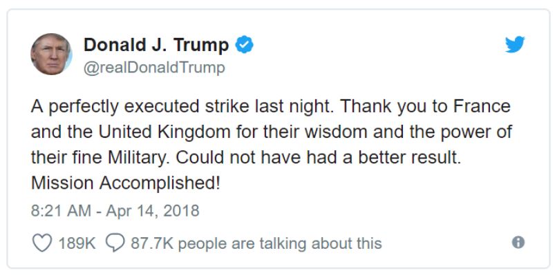 A tweet from President Trump regarding the strike.