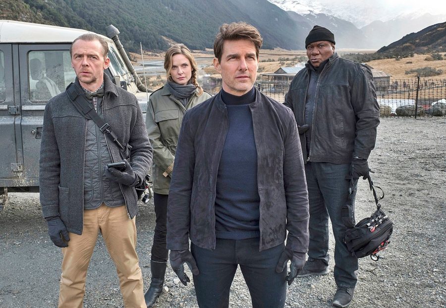 This image released by Paramount Pictures shows, from left, Simon Pegg, Rebecca Ferguson, Tom Cruise and Ving Rhames in a scene from Mission: Impossible - Fallout. (David James/Paramount Pictures and Skydance via AP)